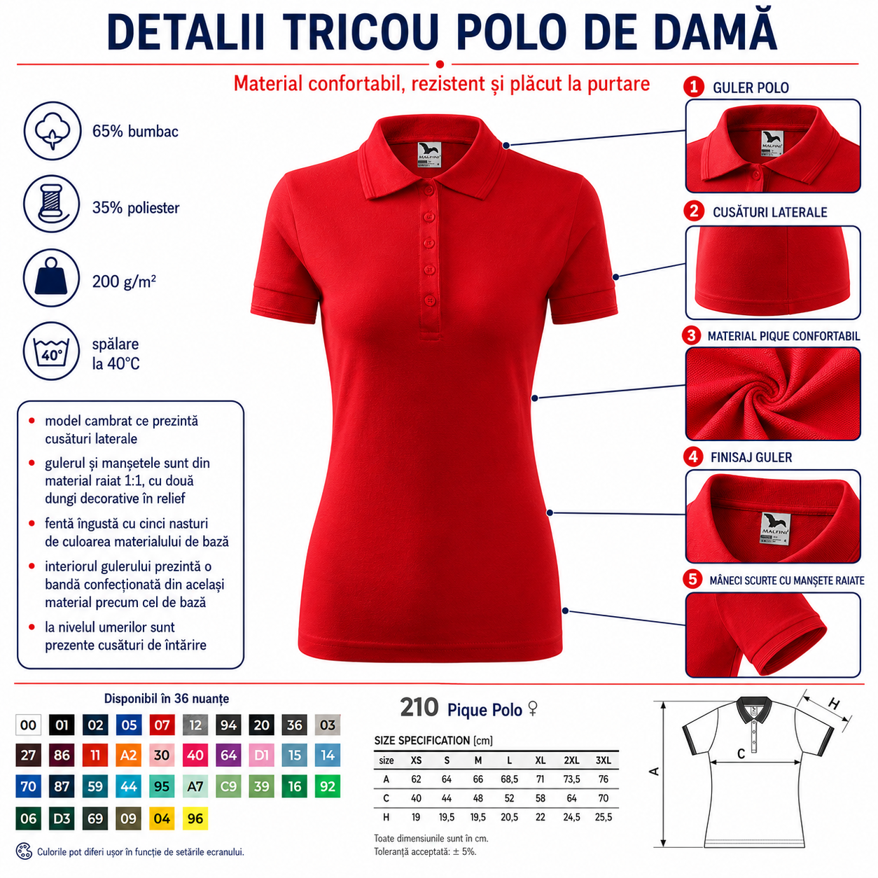 Tricou polo damă Malfini 210 Pique Polo disponibil &icirc;n 36 de culori